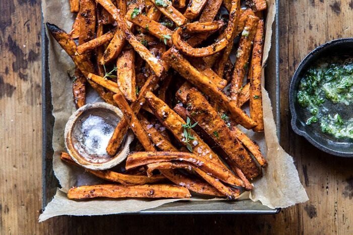 Herb Butter Baked Sweet Potato Fries | halfbakedharvest.com #quick #simple #easy #appetizers #sweetpotatoes #fallrecipes #autumn horizontal photo of Herb Butter Baked Sweet Potato Fries