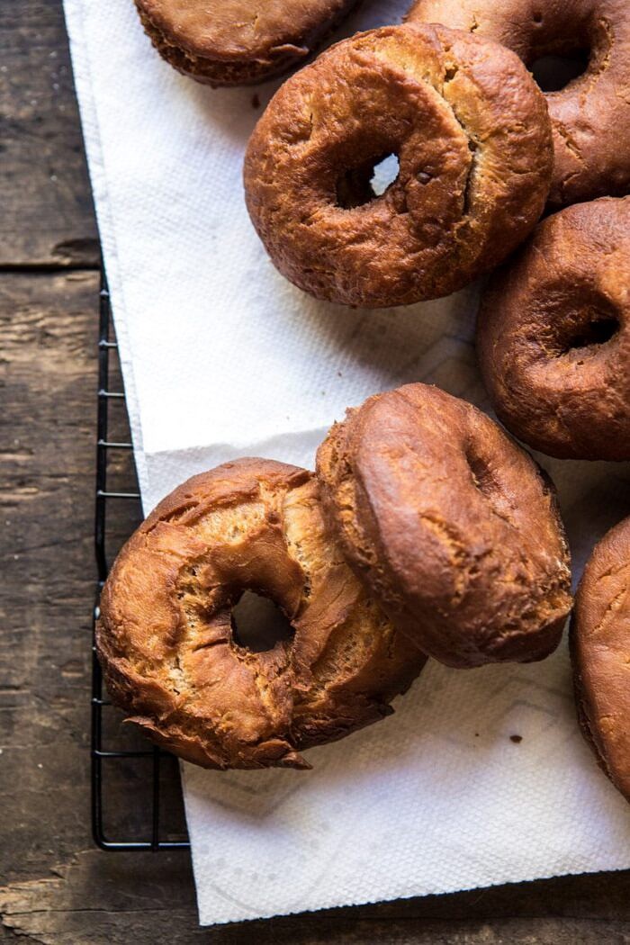 Mulled Spiced Apple Cider Doughnuts | halfbakedharvest.com #applecider #cinnamonsugar #doughnuts #applebutter #maple #fall #autumn #harvest Mulled Spiced Apple Cider Doughnuts after frying, but before adding cinnamon sugar