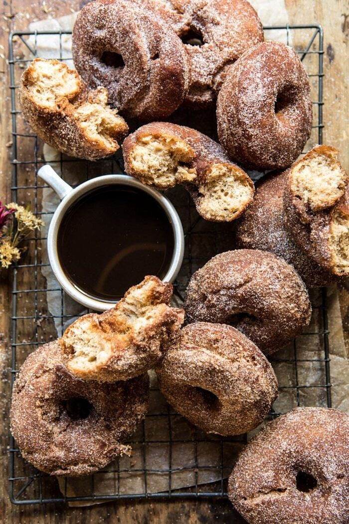 Mulled Spiced Apple Cider Doughnuts | halfbakedharvest.com #applecider #cinnamonsugar #doughnuts #applebutter #maple #fall #autumn #harvest overhead photo of Mulled Spiced Apple Cider Doughnuts