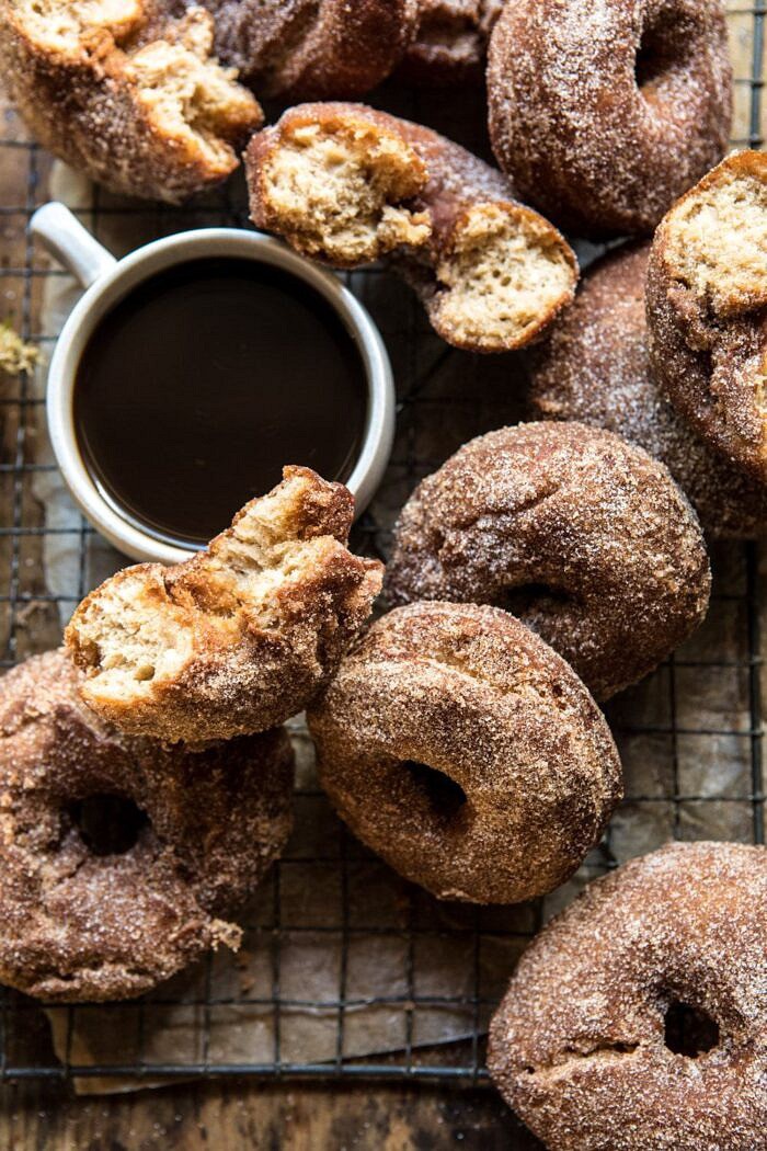 Mulled Spiced Apple Cider Doughnuts | halfbakedharvest.com #applecider #cinnamonsugar #doughnuts #applebutter #maple #fall #autumn #harvest close up overhead photo of Mulled Spiced Apple Cider Doughnuts