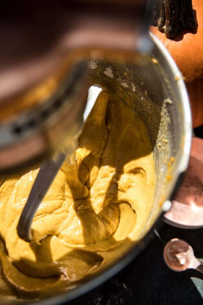 Pumpkin Coffee Cake Muffins batter in stand mixer bowl 