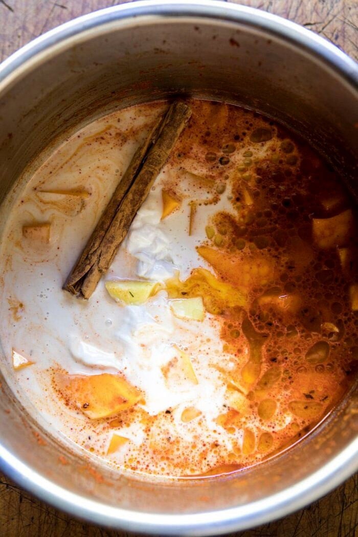 overhead photo of Slow Cooker Saucy Thai Butternut Squash Curry in slow cooker bowl before cooking