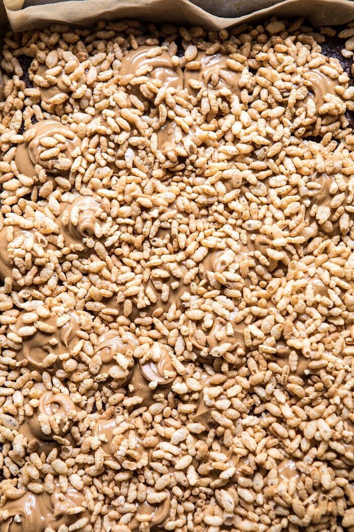 Triple Layer Peanut Butter Crunch Brownies with crunchy top layer, but before chocolate