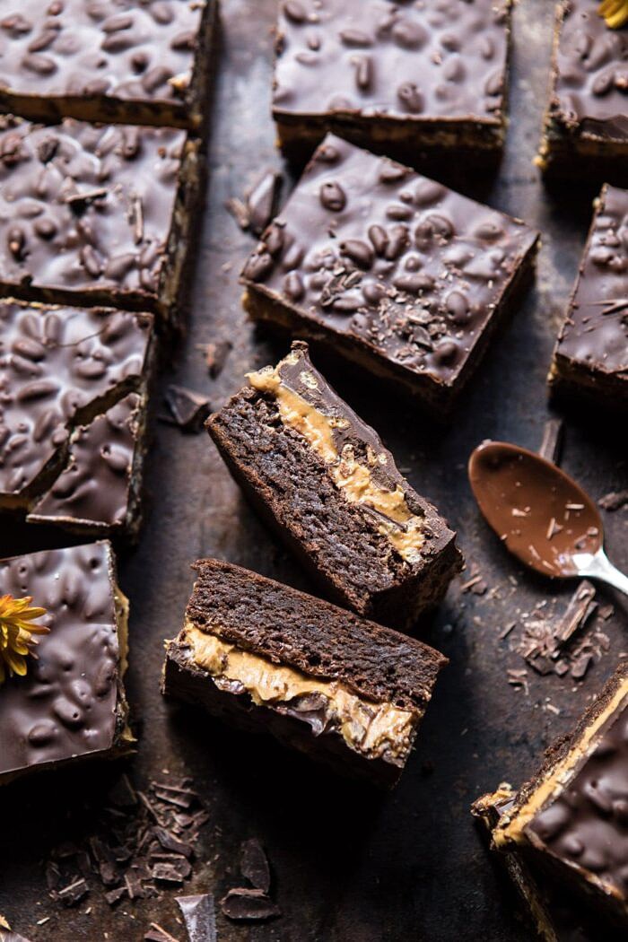 side angle photo of Triple Layer Peanut Butter Crunch Brownies