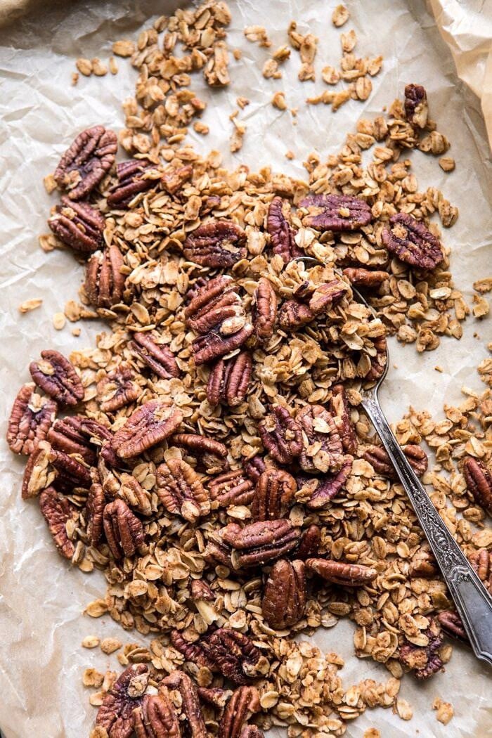 overhead photo of Cinnamon Pecan Crumble on baking sheet 