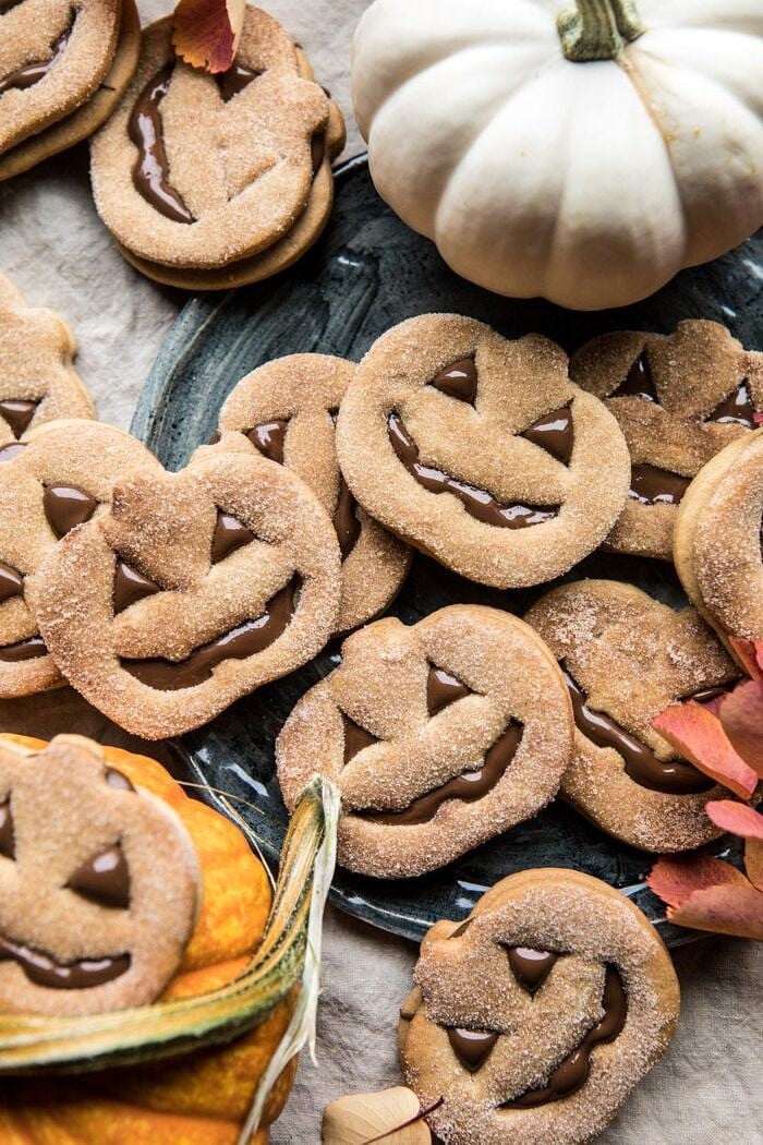 overhead photo of Milk Chocolate Stuffed Jack-O'-Lantern Cookies