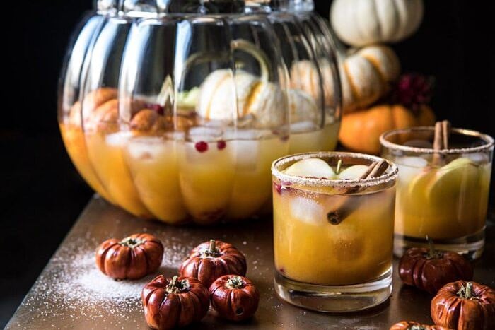 Pumpkin Patch Punch | halfbakedharvest.com #pumpkin #cocktails #punch #tahnksgiving #halloween horizontal photo of Pumpkin Patch Punch
