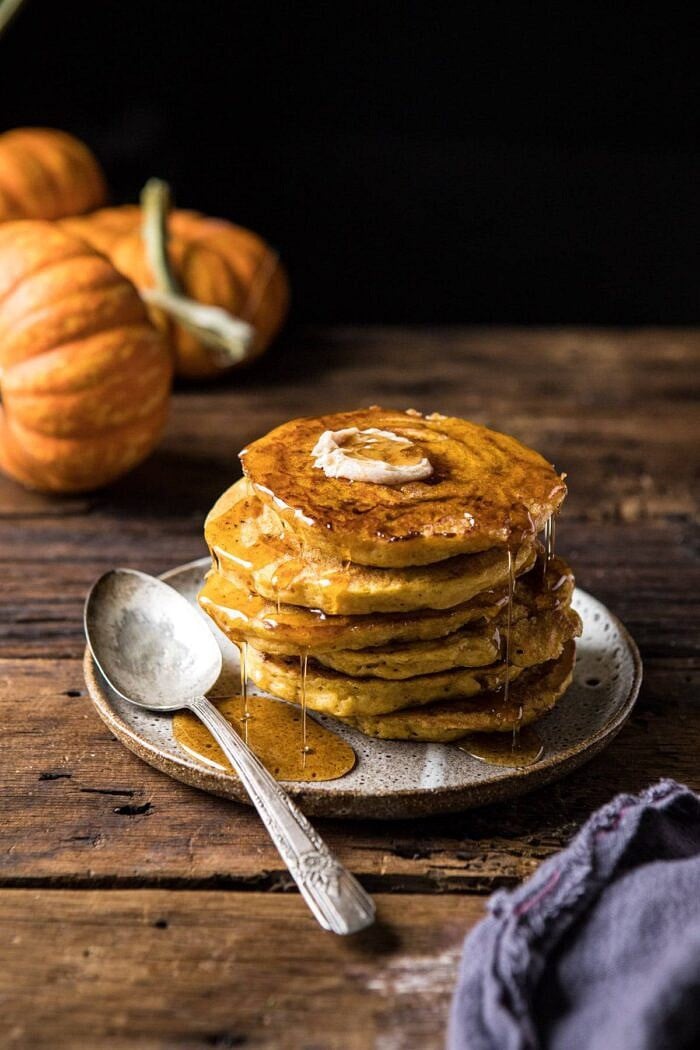 Spiced Pumpkin Cinnamon Roll Pancakes | halfbakedharvest.com #pumpkin #pumpkinpancakes #brunch #breakfast #easyrecipes