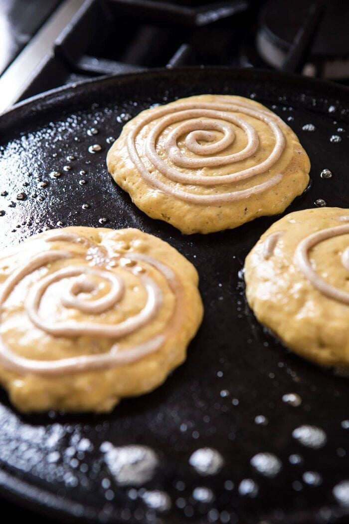 Spiced Pumpkin Cinnamon Roll Pancakes | halfbakedharvest.com #pumpkin #pumpkinpancakes #brunch #breakfast #easyrecipes
