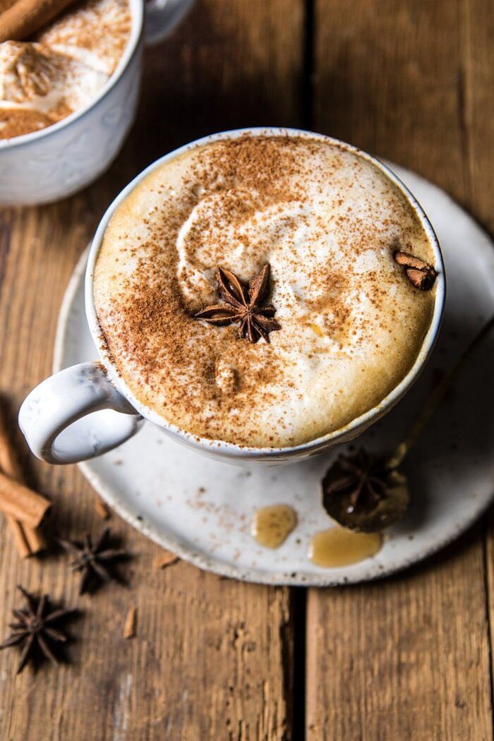 Spiced Pumpkin Maple Latte | halfbakedharvest.com #pumpkinspice #pumpkin #latte #fall #autumn #healthy overhead photo of Spiced Pumpkin Maple Latte
