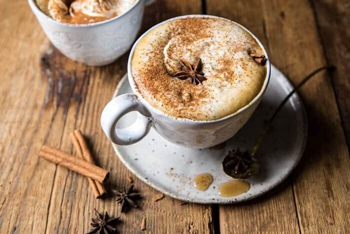 Spiced Pumpkin Maple Latte | halfbakedharvest.com #pumpkinspice #pumpkin #latte #fall #autumn #healthy horizontal photo of Spiced Pumpkin Maple Latte