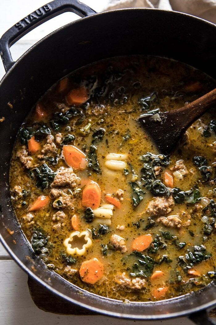 overhead photo of Spicy Italian Pesto Noodle Soup in soup pot