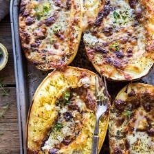 Stuffed Spaghetti Squash 4 Cheese Pesto Lasagna | halfbakedharvest.com #spaghettisquash #italian #easyrecipes #healthy #autumn #fallrecipes