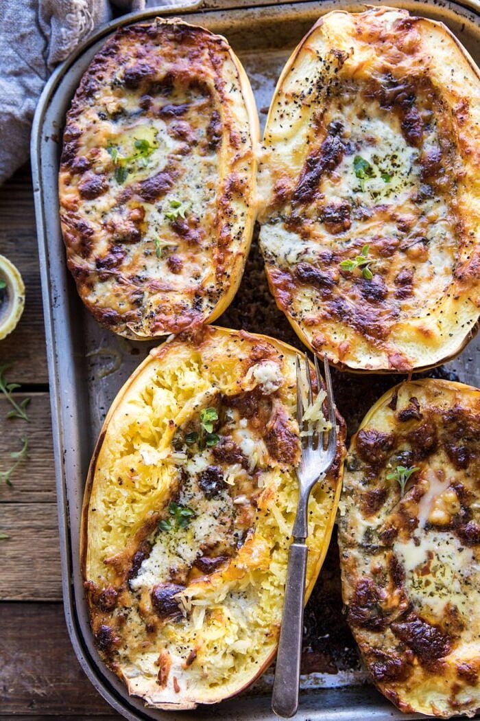 Stuffed Spaghetti Squash 4 Cheese Pesto Lasagna | halfbakedharvest.com #spaghettisquash #italian #easyrecipes #healthy #autumn #fallrecipes