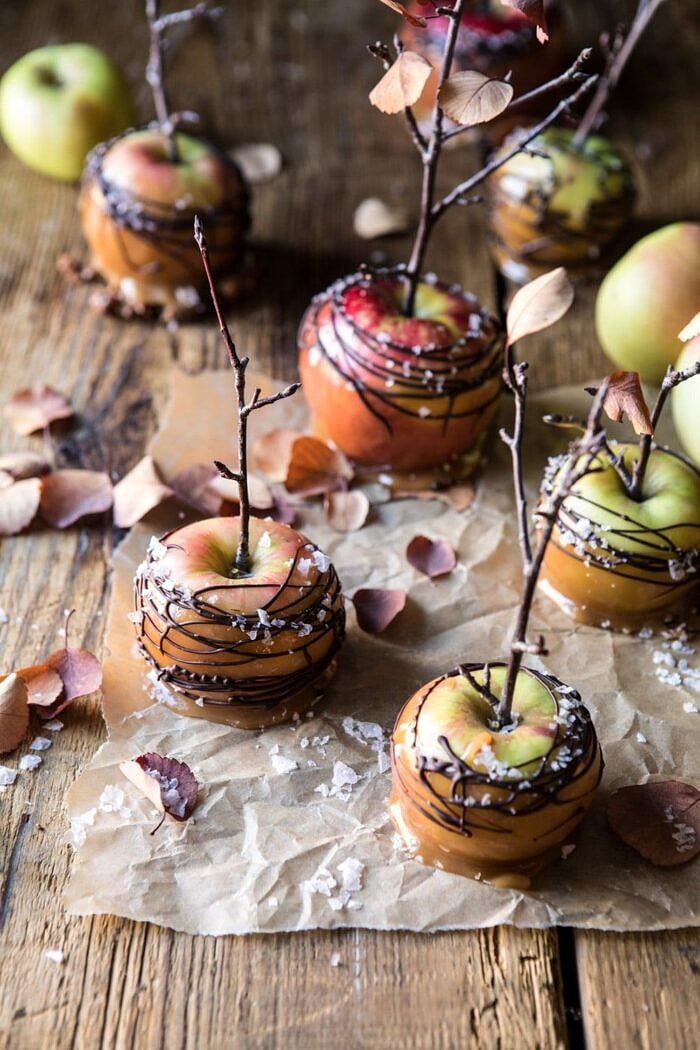 Sweet and Salty Chocolate Drizzled Cider Caramel Apples | halfbakedharvest.com #fallrecipes #apples #caramel #hallaween #thanksgiving front on photo of Sweet and Salty Chocolate Drizzled Cider Caramel Apples