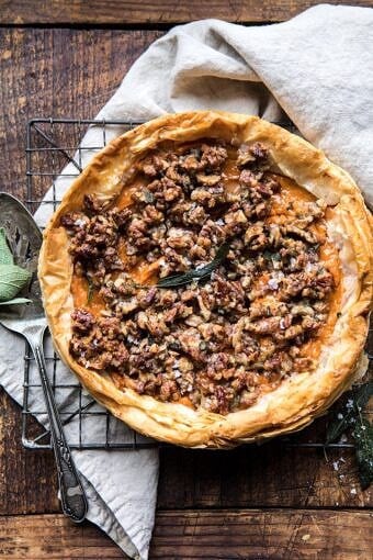 Bourbon Pecan Sweet Potato Phyllo Casserole | halfbakedharvest.com #sweetpotato #thanksgiving #holidayrecipes #fall #autumn