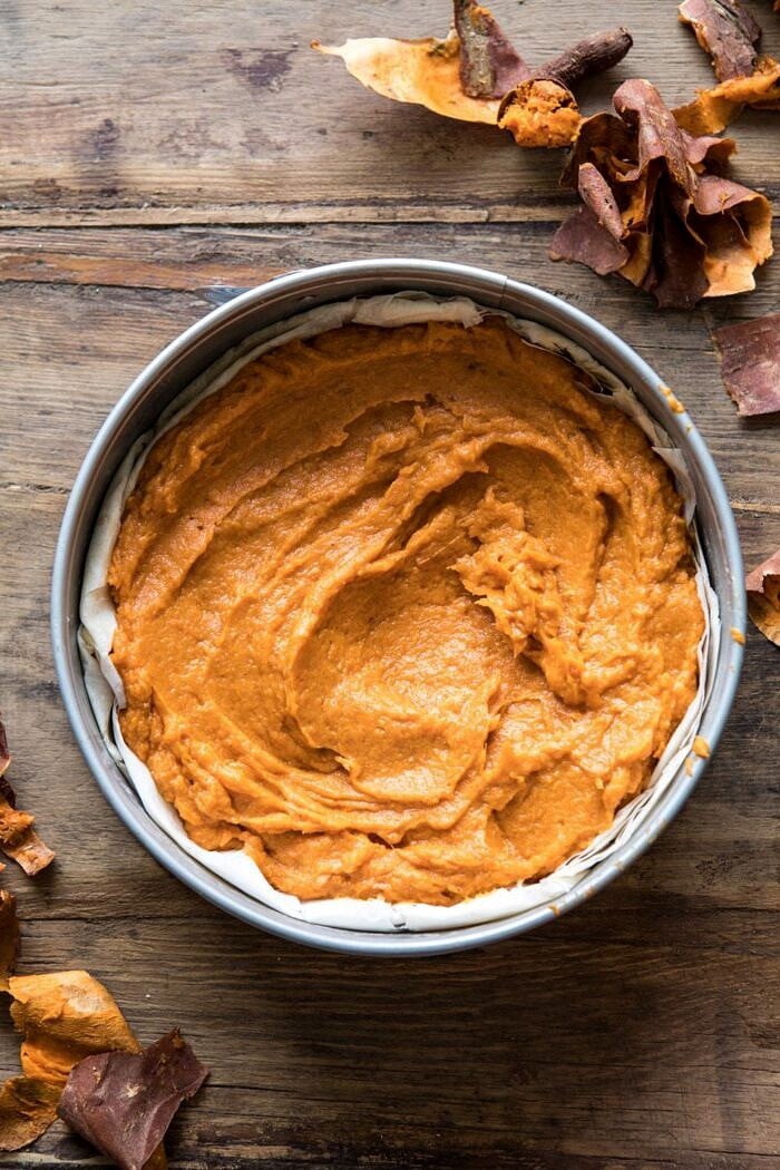 Bourbon Pecan Sweet Potato Phyllo Casserole before baking
