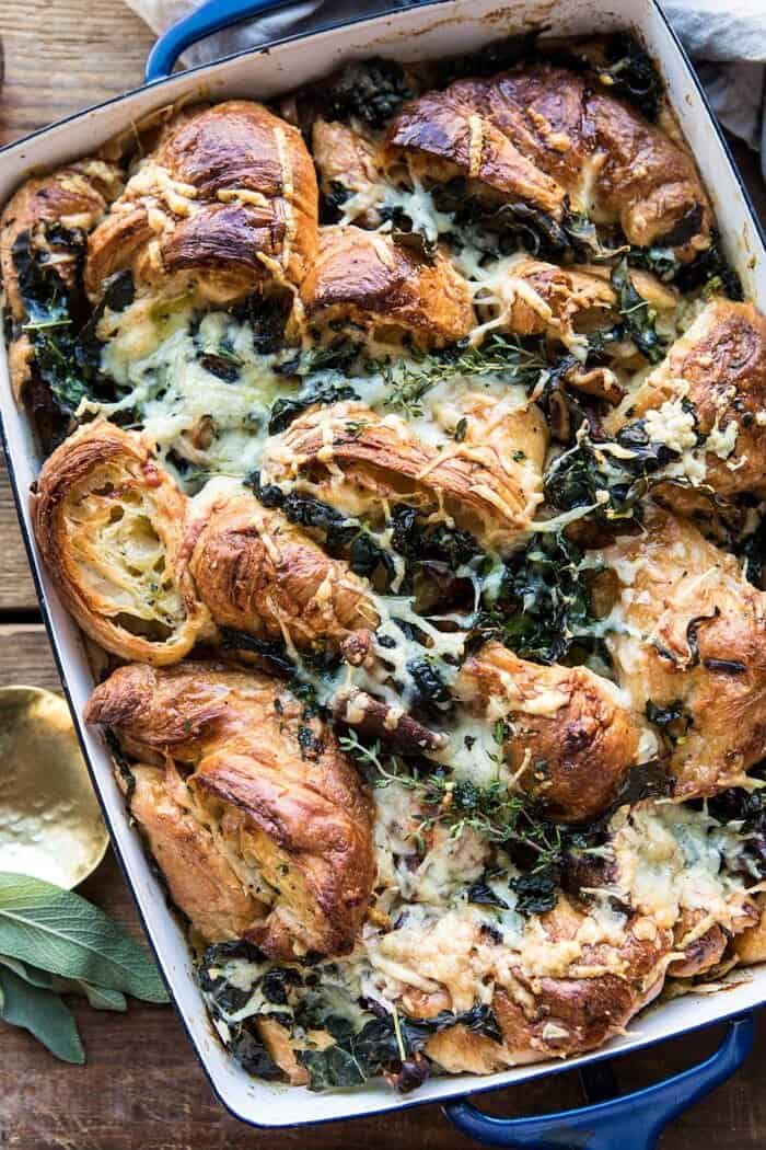 Herby Mushroom Croissant Stuffing | halfbakedharvest.com #stuffing #thanksgiving #easyrecipes #croissants overhead close up photo Herby Mushroom Croissant Stuffing