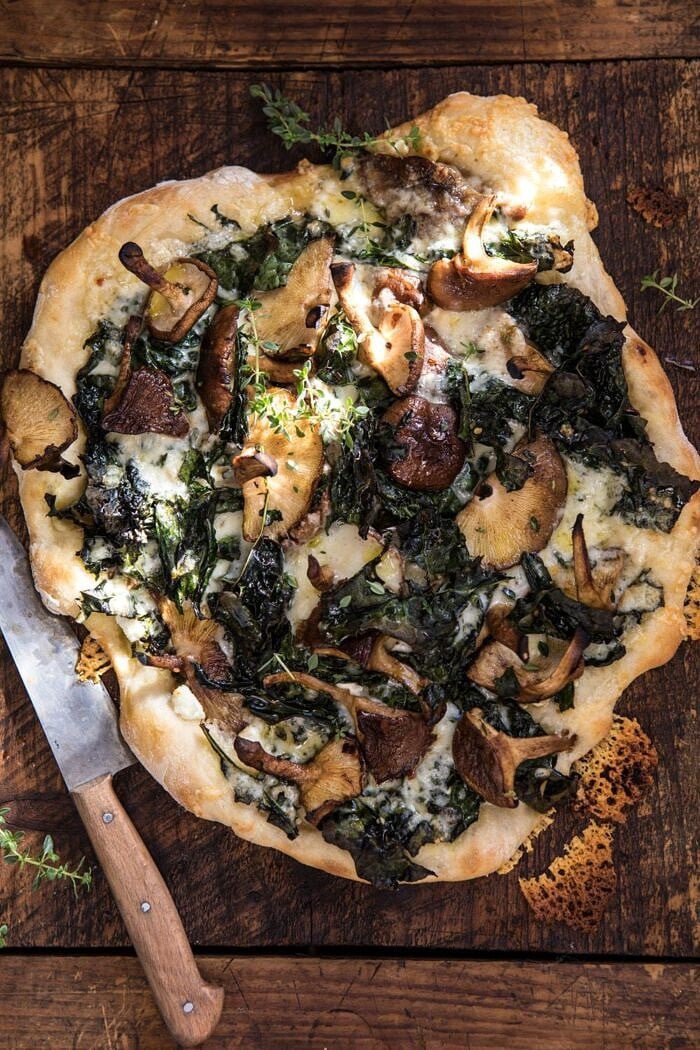 overhead photo of Roasted Mushroom Kale Pizza 