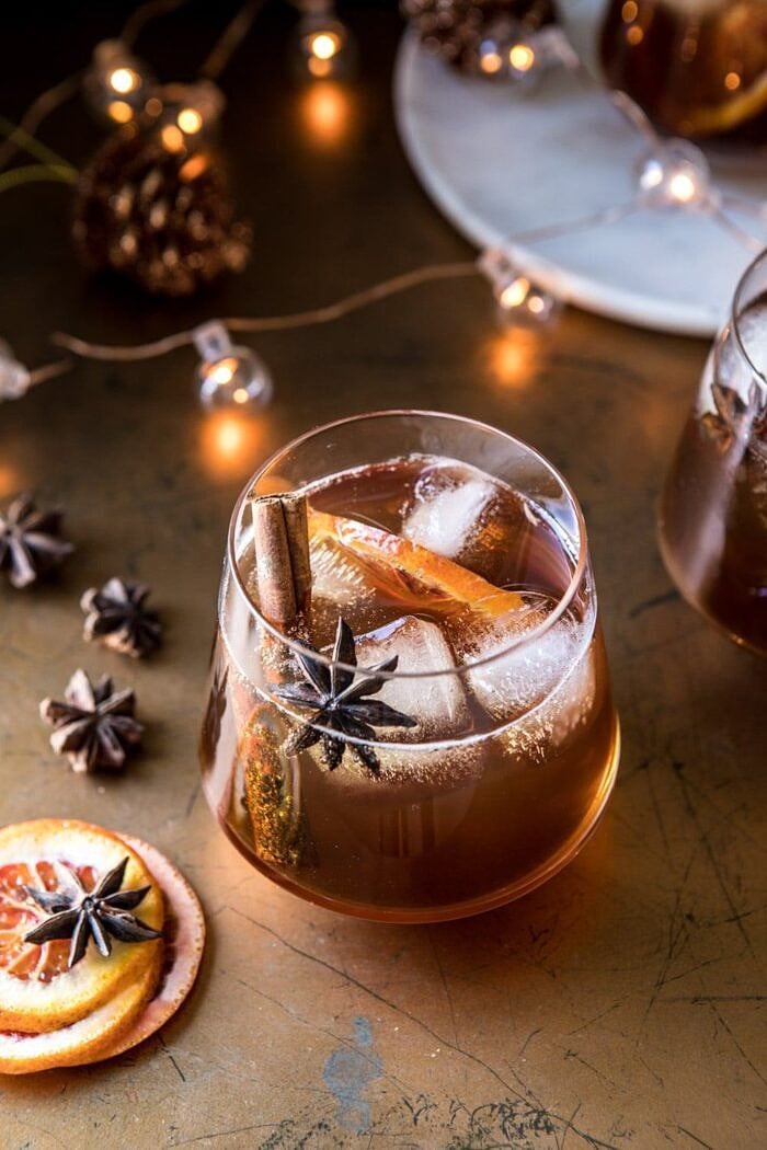 Vanilla Chai Old Fashioned | halfbakedharvest.com #bourbon #cocktail #drink #thanksgiving #holiday #chai overhead photo of Vanilla Chai Old Fashioned