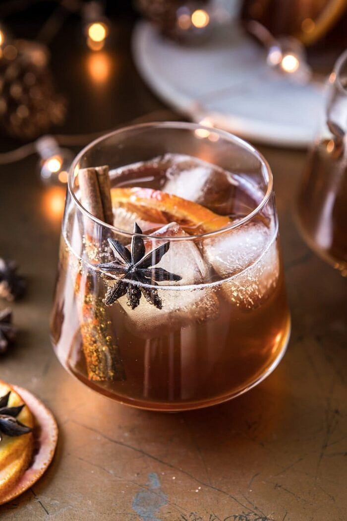 Vanilla Chai Old Fashioned | halfbakedharvest.com #bourbon #cocktail #drink #thanksgiving #holiday #chai close up photo of Vanilla Chai Old Fashioned