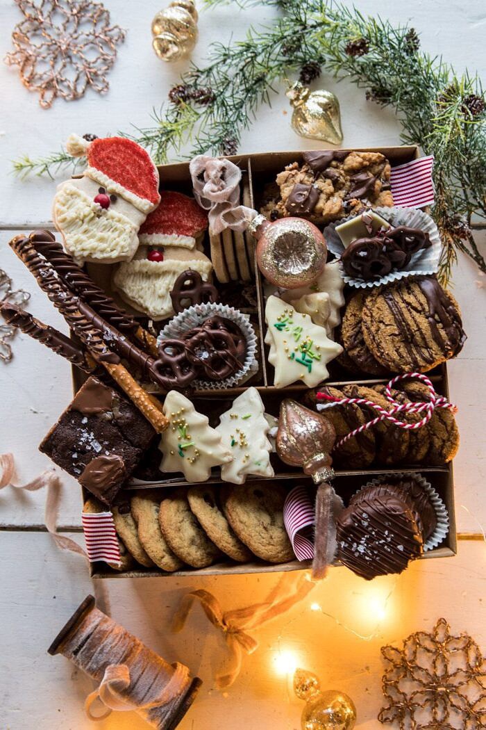 2018 Holiday Cookie Box | halfbakedharvest.com #cookies #cookies #chocolate #Christmas #gifts overhead photo of 2018 Holiday Cookie Box
