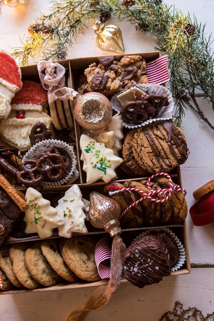 2018 Holiday Cookie Box | halfbakedharvest.com #cookies #cookies #chocolate #Christmas #gifts overhead photo of 2018 Holiday Cookie Box
