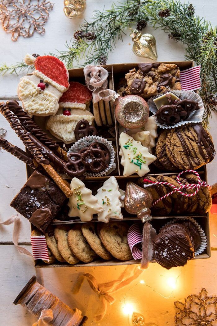 2018 Holiday Cookie Box | halfbakedharvest.com #cookies #cookies #chocolate #Christmas #gifts overhead photo of 2018 Holiday Cookie Box
