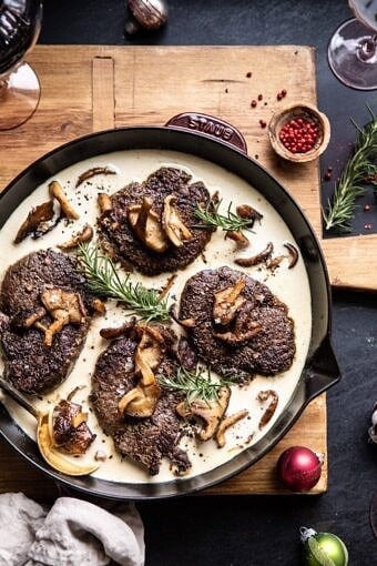 Rosemary Beef Tenderloin with Wild Mushroom Cream Sauce | halfbakedharvest.com #beef #tenderloin #christmas #easyrecipes