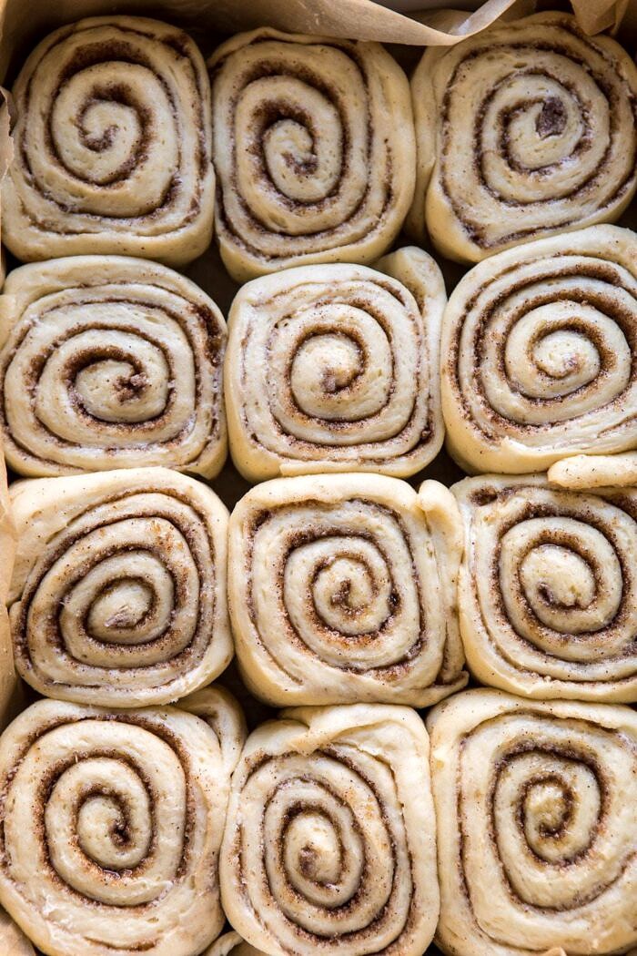 Easiest Overnight Eggnog Brioche Cinnamon Rolls before baking