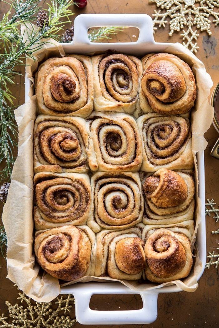 Easiest Overnight Eggnog Brioche Cinnamon Rolls after baking