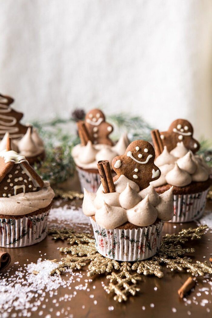 Gingerbread Cupcakes with Cinnamon Browned Butter Buttercream | halfbakedharvest.com #gingerbread #cupcakes #dessert #holiday #easyrecipes #christmas side angle photo of Gingerbread Cupcakes with Cinnamon Browned Butter Buttercream