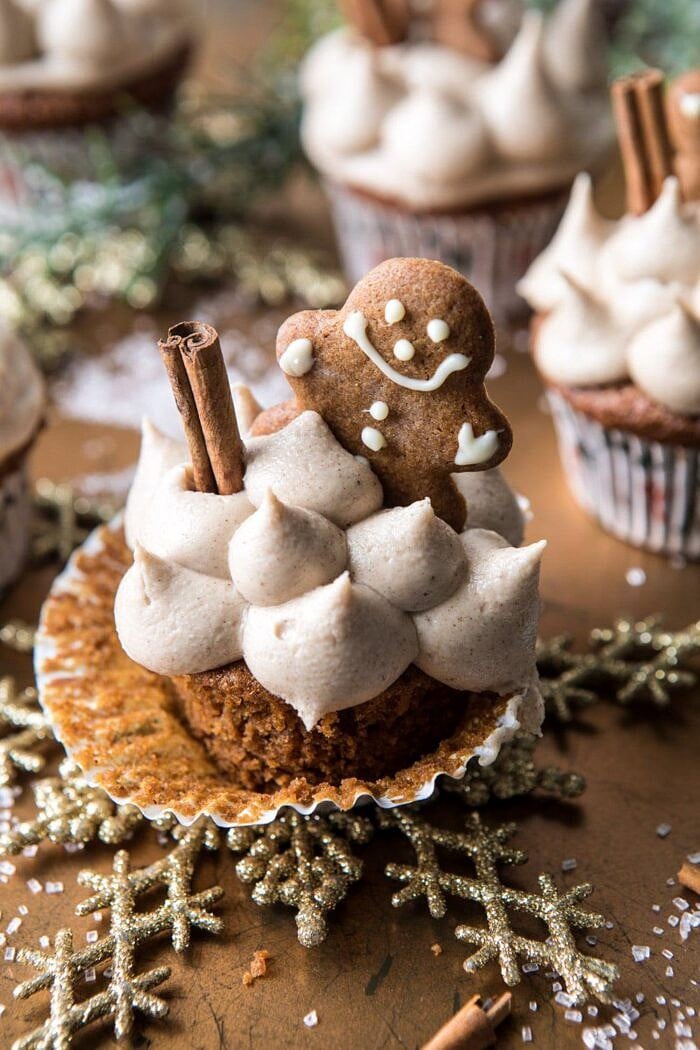 Gingerbread Cupcakes with Cinnamon Browned Butter Buttercream | halfbakedharvest.com #gingerbread #cupcakes #dessert #holiday #easyrecipes #christmas overhead photo of Gingerbread Cupcakes with Cinnamon Browned Butter Buttercream