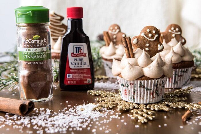 Gingerbread Cupcakes with Cinnamon Browned Butter Buttercream | halfbakedharvest.com #gingerbread #cupcakes #dessert #holiday #easyrecipes #christmas horizontal photo of Gingerbread Cupcakes with Cinnamon Browned Butter Buttercream