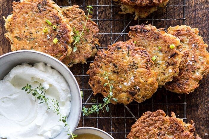 horizontal photo of Herbed Cheddar Latkes