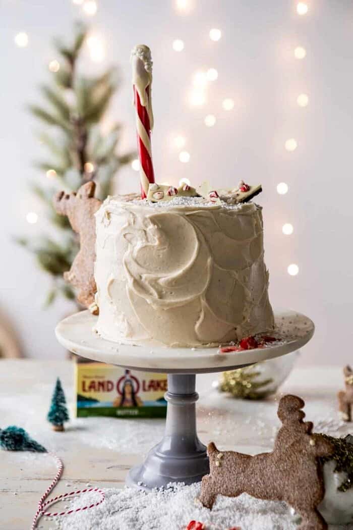 North Pole Cake | halfbakedharvest.com #chocolatecake #christmas #holiday #dessert front on photo of North Pole Cake