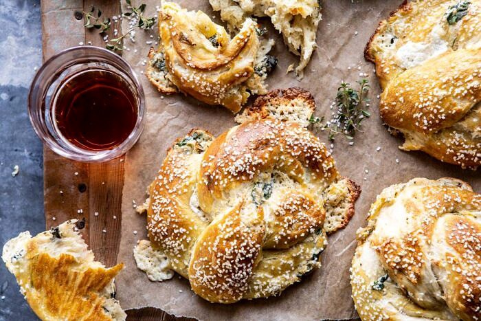 horizontal photo of Spinach and Artichoke Stuffed Soft Pretzels
