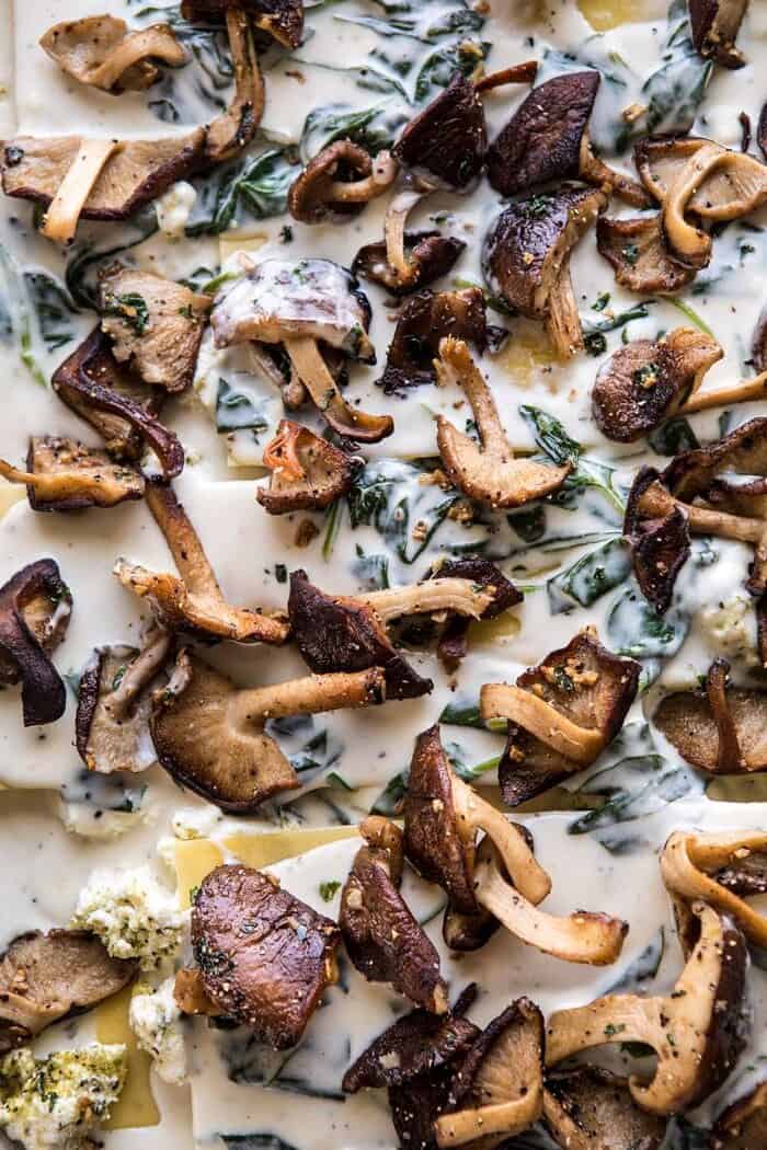 overhead photo of White Pesto Spinach Lasagna before baking