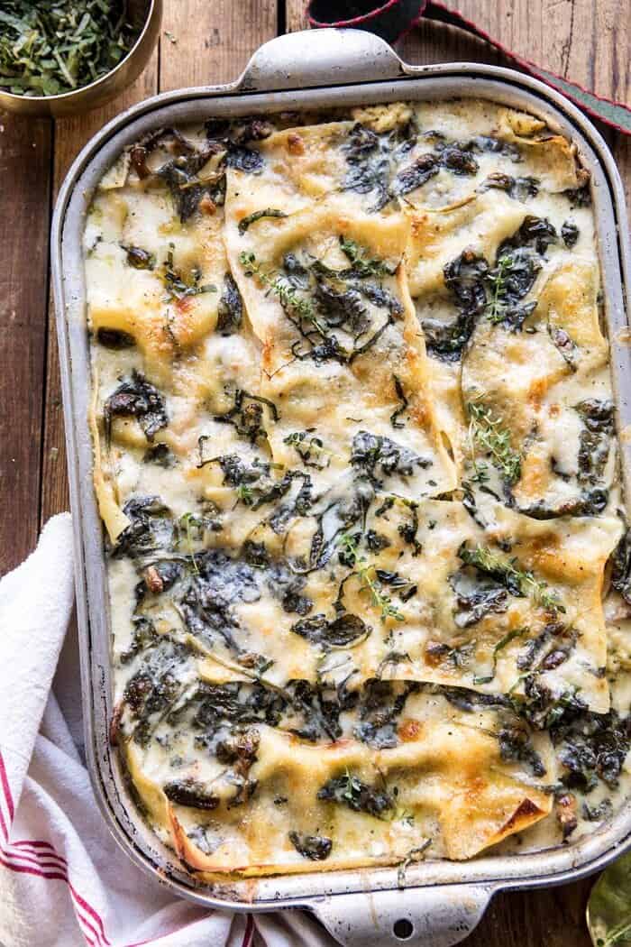 overhead close up photo of White Pesto Spinach Lasagna