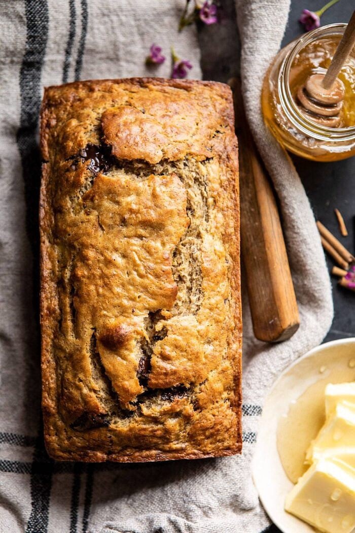 overhead close up photo of Chocolate Chunk Coconut Banana Bread 