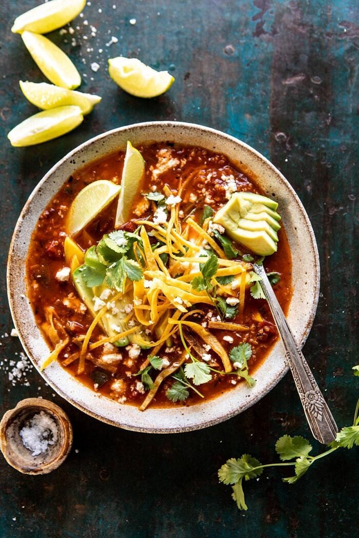 Crockpot Spicy Vegetarian Tortilla Soup with Quinoa | halfbakedharvest.com #crockpot #slowcooker #easyrecipes #healthyrecipes #healthyjanuary #mexican #soup