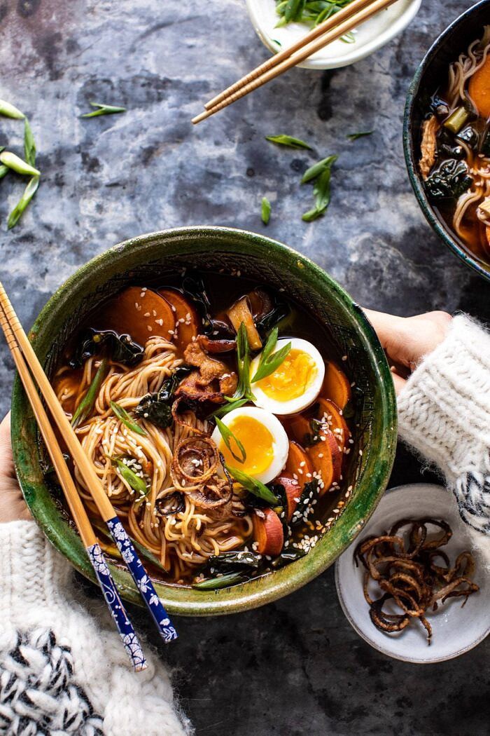 Feel Good Spicy Ramen with Sweet Potatoes and Crispy Shallots | halfbakedharvest.com #noodles #ramen #healthyrecipes #sweetpotatoes #winterrecipes #soup