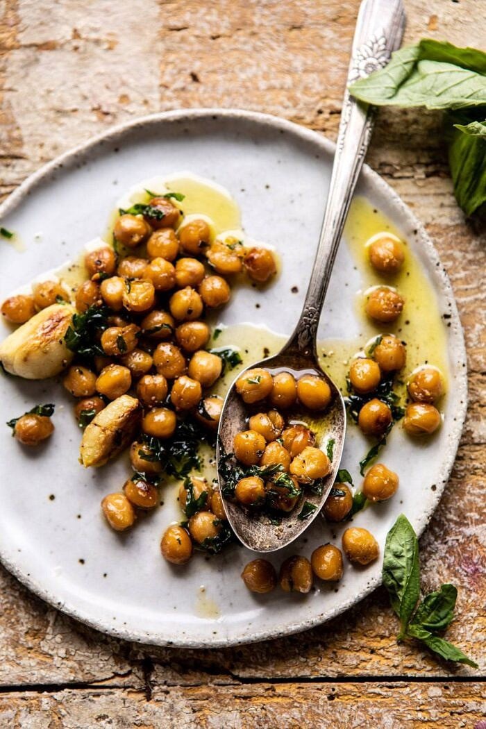 Instant Pot Cacio e Pepe with Crispy Garlic Basil Chickpeas | halfbakedharvest.com #pasta #instantpot #easyrecipes #healthyrecipes #chickpeas Crispy Garlic Basil Chickpeas on plate
