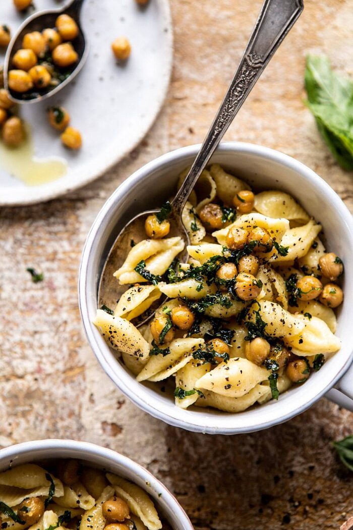 Instant Pot Cacio e Pepe with Crispy Garlic Basil Chickpeas | halfbakedharvest.com #pasta #instantpot #easyrecipes #healthyrecipes #chickpeas overhead close up photo of Instant Pot Cacio e Pepe with Crispy Garlic Basil Chickpeas