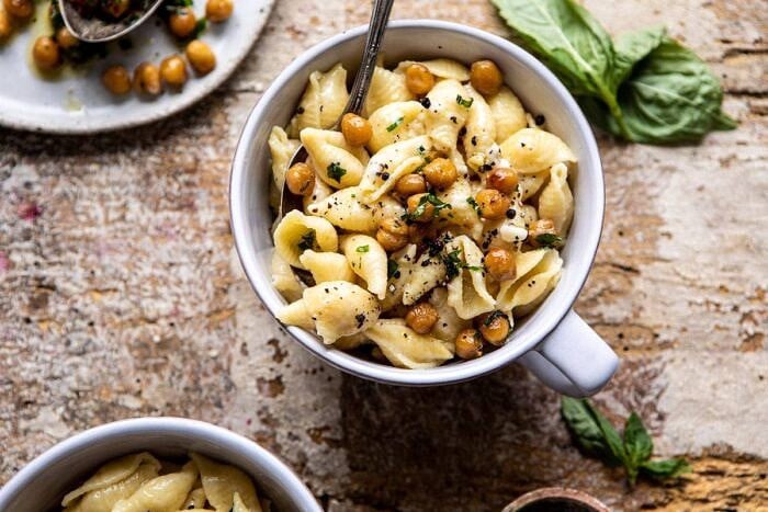 Instant Pot Cacio e Pepe with Crispy Garlic Basil Chickpeas | halfbakedharvest.com #pasta #instantpot #easyrecipes #healthyrecipes #chickpeas horizontal photo of Instant Pot Cacio e Pepe with Crispy Garlic Basil Chickpeas