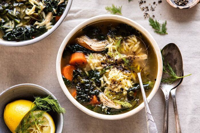 horizontal photo of Lemony Garlic Chicken and Orzo Soup 