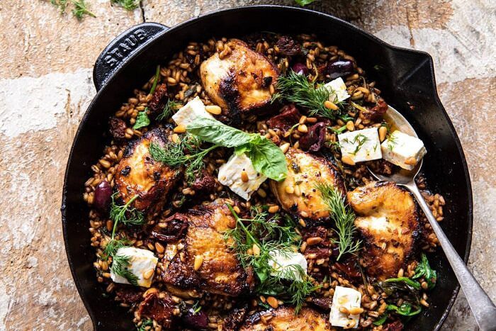 horizontal photo of One Skillet Greek Sun-Dried Tomato Chicken and Farro