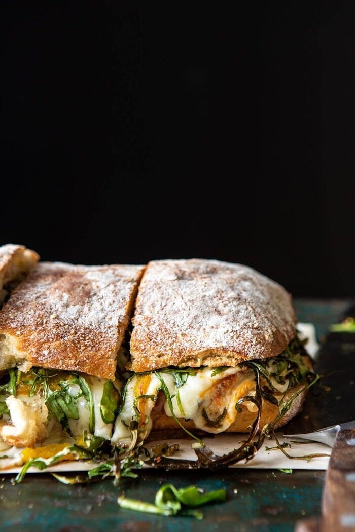 Party Size Italian Melt | halfbakedharvest.com #grilledcheese #easyrecipes #gameday side angle photo of Party Size Italian Melt