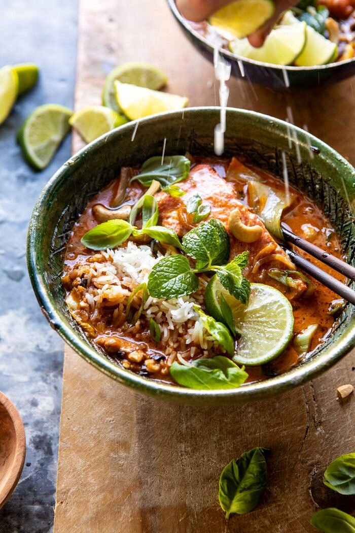 Saucy 30 Minute Thai Basil Salmon Curry | halfbakedharvest.com #healthyrecipes #salmon #curry #winterrecipes #thairecipes