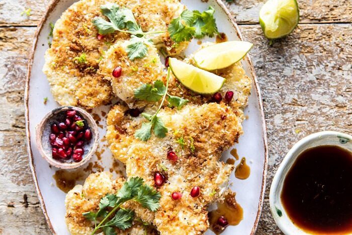 Sesame Crusted Cauliflower with Pomegranate Ponzu Sauce | halfbakedharvest.com #cauliflower #healthyrecipes #easyrecipes #vegetarian horizontal photo of Sesame Crusted Cauliflower with Pomegranate Ponzu Sauce